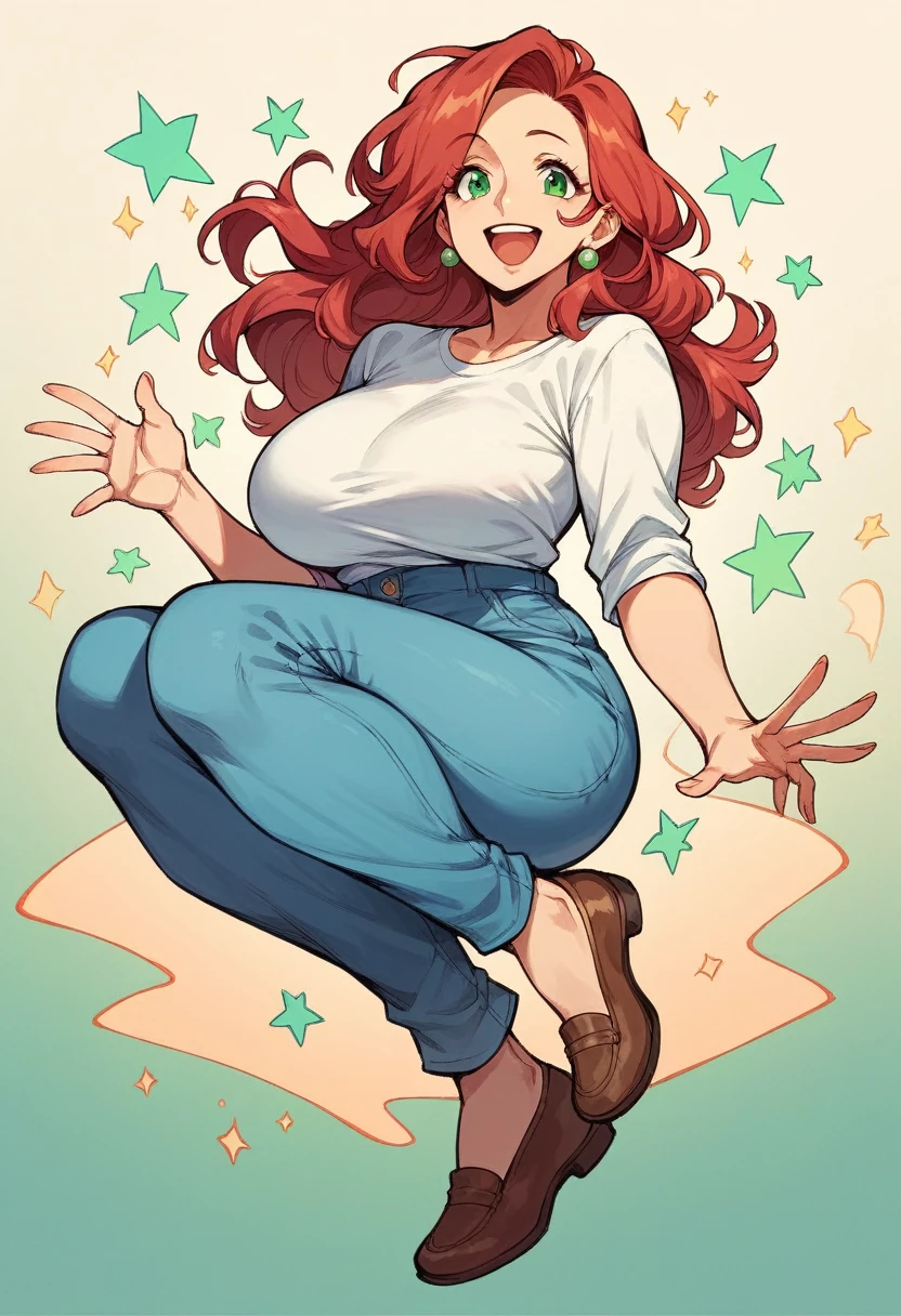 beautiful milf mom with long red hair, green eyes, white shirt, blue pants, brown shoes, happy