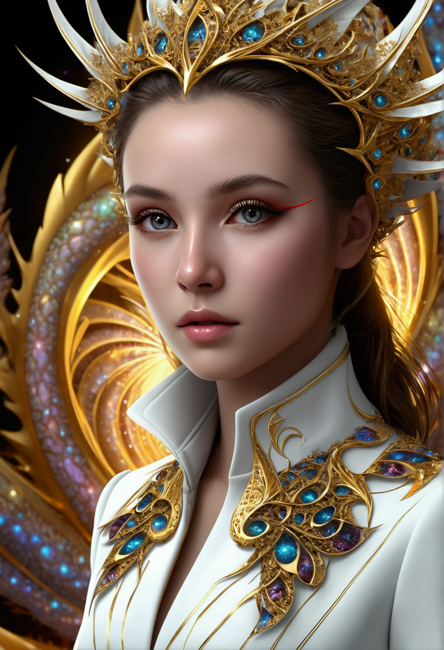 (Masterpiece, Highest quality, best quality, official art, beautiful and beautiful:1.2), (1 girl), very detailed eyes, (fractal art:1.3), colorful, Maximum details, (perfect face), Shiny skin, HDR, (White coat with gold lines:1.2), galaxy, (There are lines of light.), Featured images, (dynamic lines, Glow Path:1.2), bright colors, (Phoenix), (dragon)