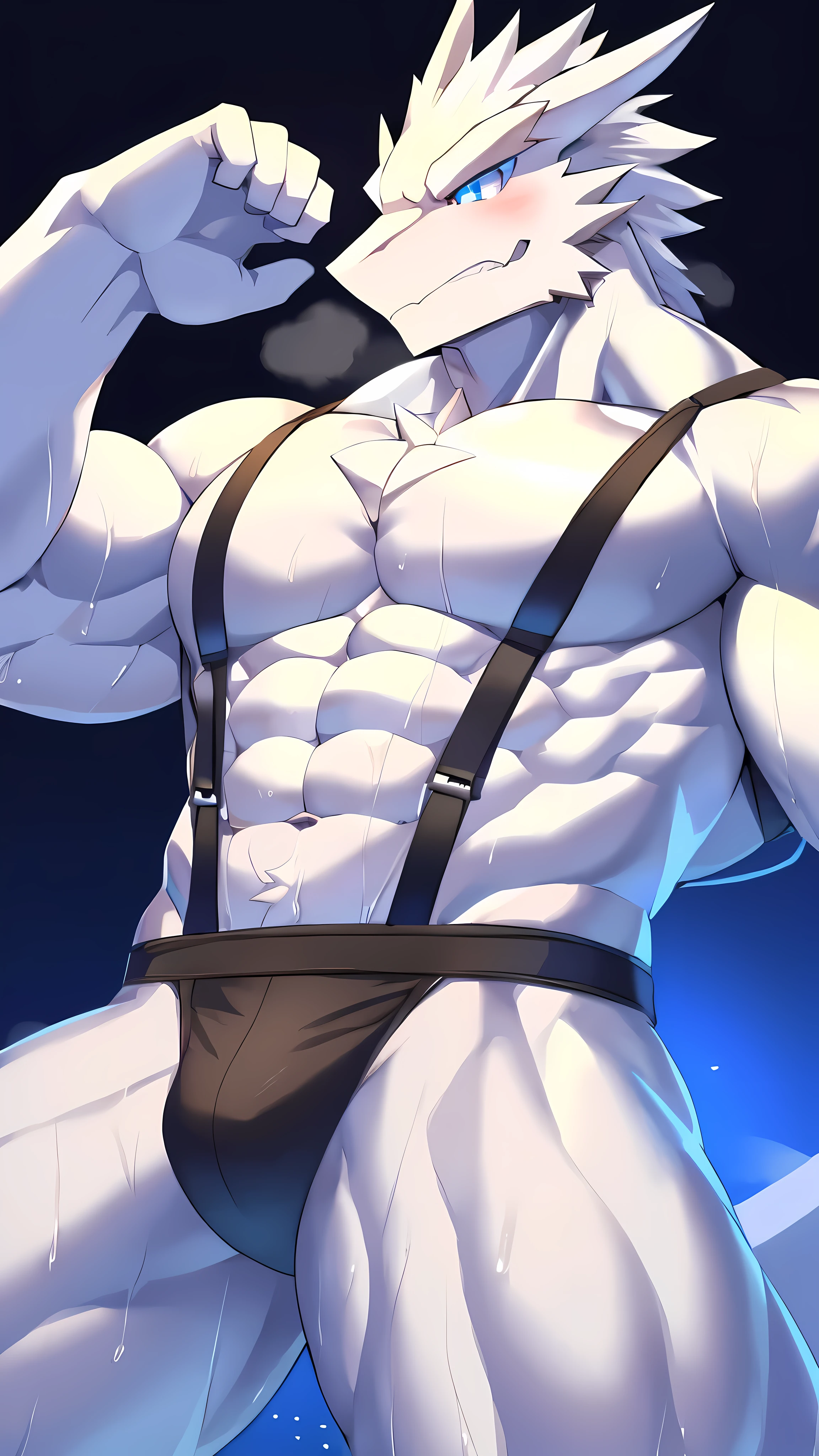 Thin macho white dragon abs Hollow abs thick arms chest rig 、sweaty skin glow profile Wearily short of breath clenching one's back teeth Knees on the floor rubber suit