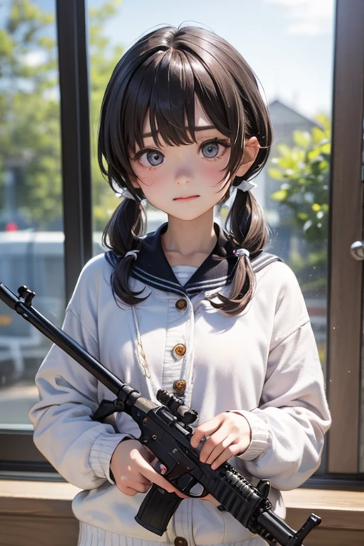 Two knots,girl,Pigtails,Fastened in two at the bottom back,,Smiling,Black Hair,clear,gunを持っている,Troubled face,gun,Beretta M92F,自動小gunを持っている,gunを両手に持っている,Troubled face,Sad face
