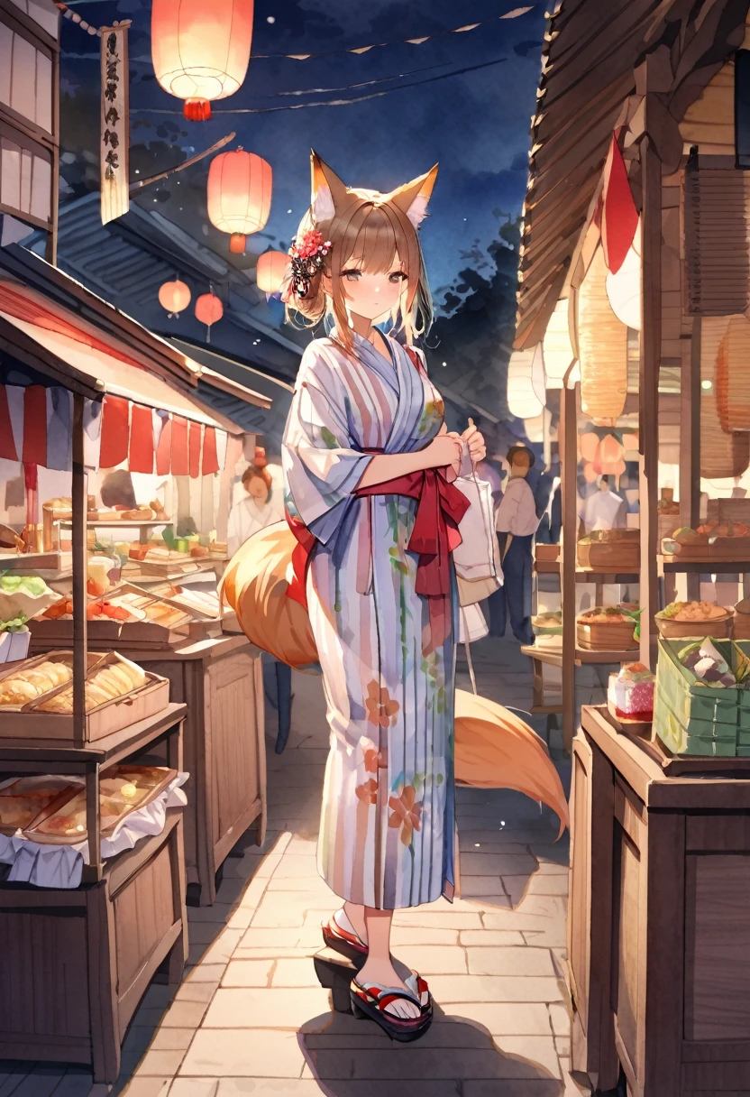 masterpiece, best quality,girl walking in Japanese countryside summer festival(natsumatsuri), (yukata,japanese sandals), various food stalls,((look away)),magnificent view,night time,beautiful detailed scenery,BREAK (tween,short hight,fox ear,fox tail,middle small breasts),(Watercolor:1.3),