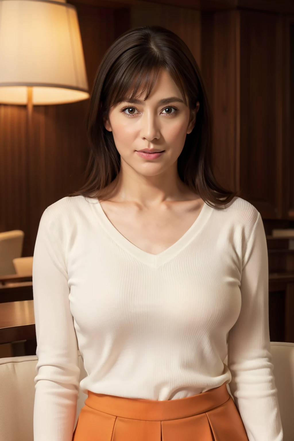 Highest quality, masterpiece, High resolution, Photorealistic, RAW Photos, 8k wallpaper, perfection, Professional Lighting, Very detailed, Written boundary depth, Look forward, Hotel Lounge, One beautiful woman, 40 years old, sexy, Detailed face, Beautiful Eyes, bangs, Shapely large breasts, Straight hair, Faint lips, View your viewers, Serious face eyes, White V-neck sweater, Orange skirt, Cowboy Shot