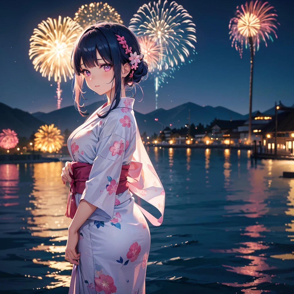 Sky Blue Medium Hair, (Braided hair),(Pink Eyes),Fair skin ,(whole body),(1 girl)、Floral Yukata、summer night、Fireworks on the lake、Big fireworks、Straight bangs,(masterpiece, Highest quality, Very detailed, Best Shadow), (Detailed Background), (Beautifully detailed face), High Contrast, (Best lighting, Very delicate and beautiful), ((Cinematic Light)), colorful, Hyper Detail 8k, Dramatic Light, Intricate details,Fireworks light reflected on the water