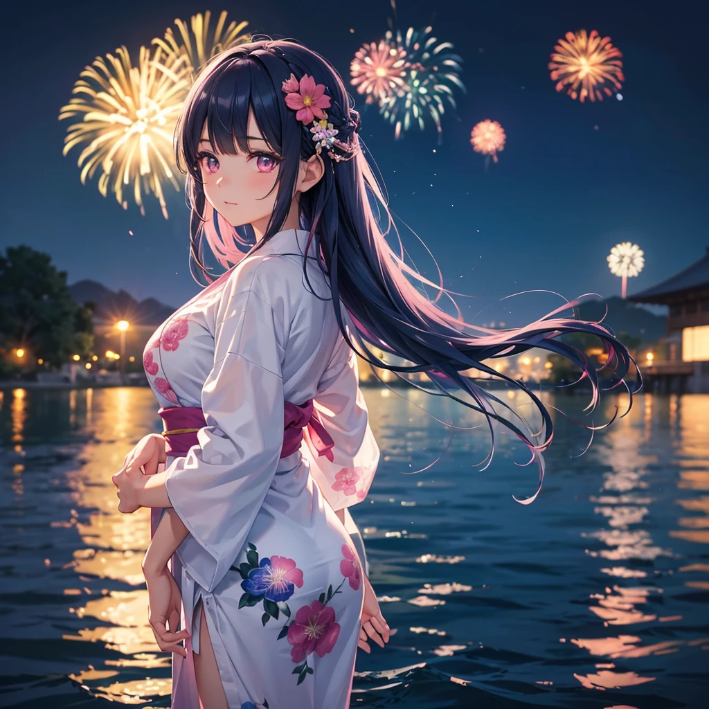 Sky Blue Medium Hair, (Braided hair),(Pink Eyes),Fair skin ,(whole body),(1 girl)、Floral Yukata、summer night、Fireworks on the lake、Big fireworks、Straight bangs,(masterpiece, Highest quality, Very detailed, Best Shadow), (Detailed Background), (Beautifully detailed face), High Contrast, (Best lighting, Very delicate and beautiful), ((Cinematic Light)), colorful, Hyper Detail 8k, Dramatic Light, Intricate details,Fireworks light reflected on the water