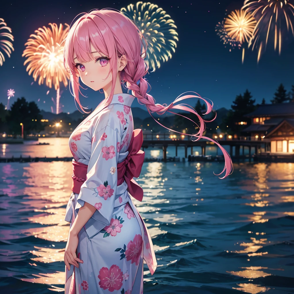 Sky Blue Medium Hair, (Braided hair),(Pink Eyes),Fair skin ,(whole body),(1 girl)、Floral Yukata、summer night、Fireworks on the lake、Big fireworks、Straight bangs,(masterpiece, Highest quality, Very detailed, Best Shadow), (Detailed Background), (Beautifully detailed face), High Contrast, (Best lighting, Very delicate and beautiful), ((Cinematic Light)), colorful, Hyper Detail 8k, Dramatic Light, Intricate details,Fireworks light reflected on the water