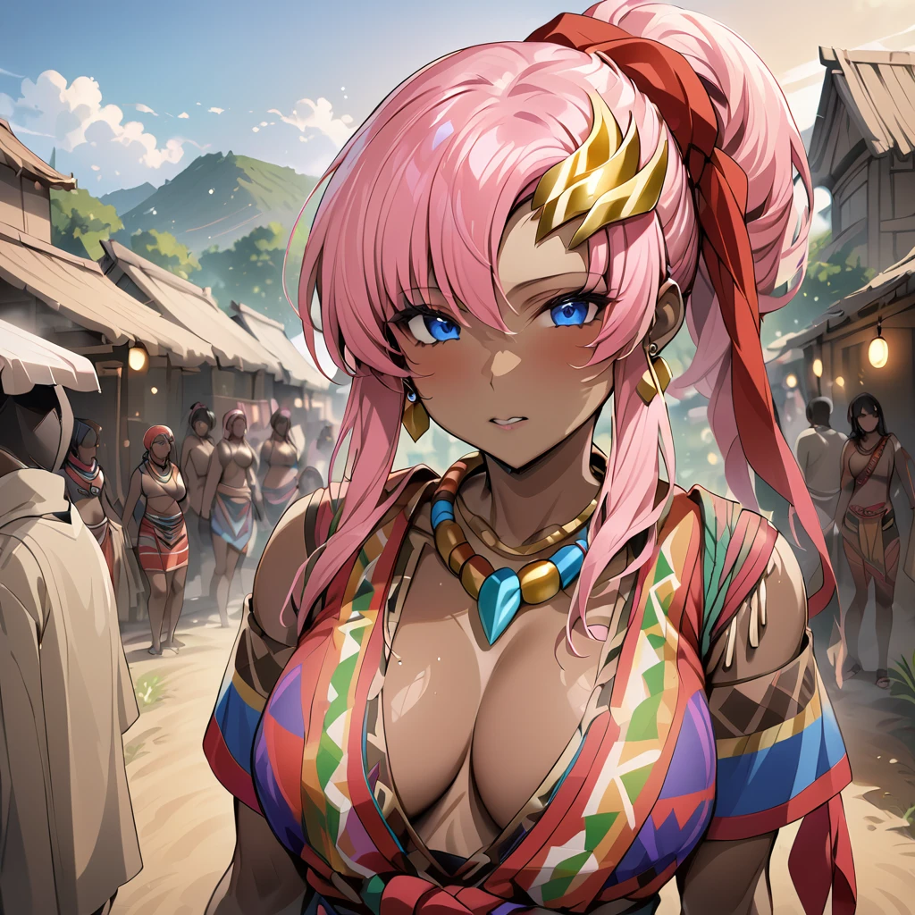 ((Highest quality)), ((masterpiece)), (detailed), （Perfect Face）、The woman is Lacus Clyne, a black-skinned woman with blue eyes and medium-long pink hair, a hair ornament, a colorful headscarf, tribal accessories such as tribal necklaces and tribal earrings, and is an indigenous African woman wearing colorful indigenous tribal clothing.、The woman is in a native African tribal village.