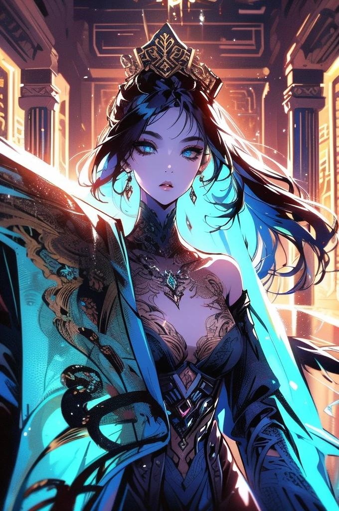 In the dimly-lit confines of the starship brig, a seductive female humanoid leans against the cold metal bars, her gaze challenging yet inviting. This game concept art is a digitally-rendered painting that exudes a sense of forbidden allure. The lighting casts dramatic shadows across her flawless skin, accentuating the intricate tattoos that snake around her arms and neck. The air is thick with tension, captured in the subtle curve of her lips and the intensity of her piercing eyes. Every detail is meticulously crafted, from the intricate patterns on her futuristic attire to the faint glint of metal restraints at her wrists. This image is a masterclass in blending sensuality with danger, drawing viewers into a world teeming with untold stories and hidden desires.