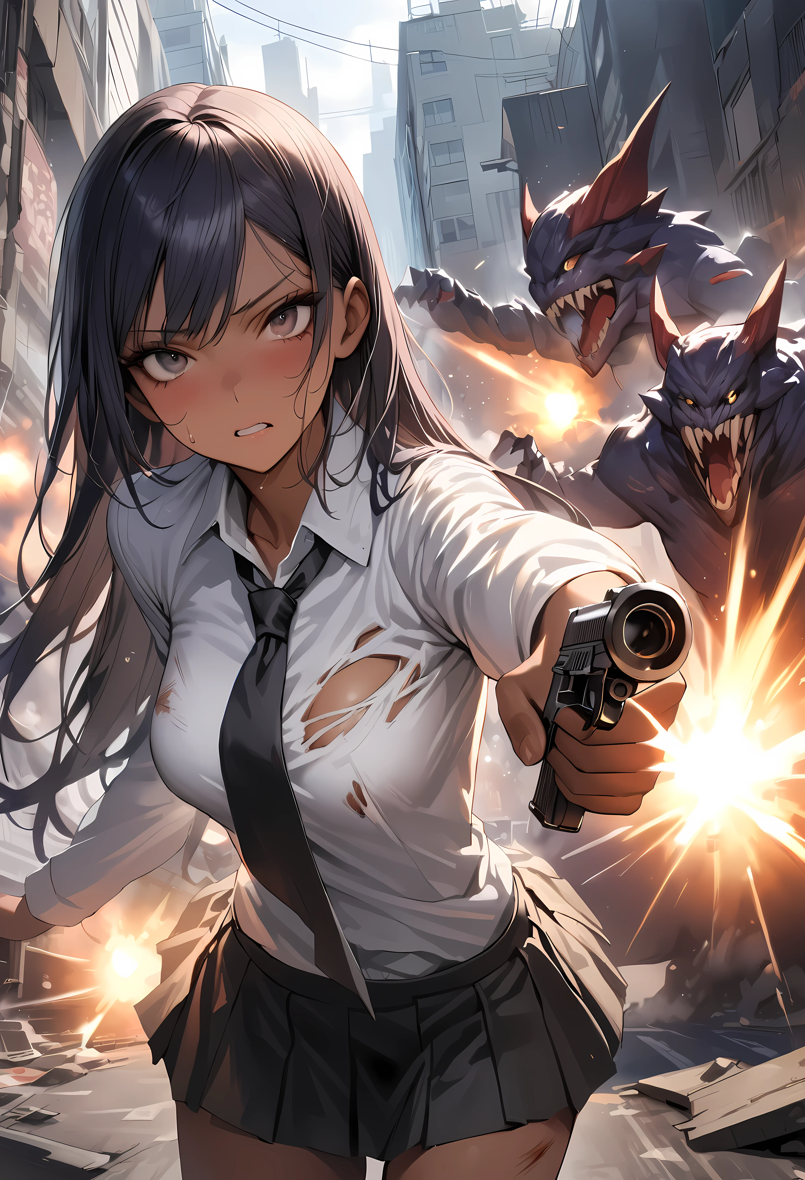 (Woman and monster fight scene),((masterpiece,Highest quality:1.3,best quality illustration)),realistic,cowboy shot,1woman,(22 year old beauty),((very small head:1.4)),ideal ratio body proportions,dark blue hair,straight long hair,bangs,black eyes,gorgeous big eyes,((tan skin,skinny,Injury)),(Torn clothing、Black tie、White collared shirt、Long sleeve、Black pleated mini skirt)),medium breasts,gleaming skin,slender body,sweat,(Detailed handgun,Firing stance),on street,(Multiple Monsters)、Collapsed Buildings、Tokyo、