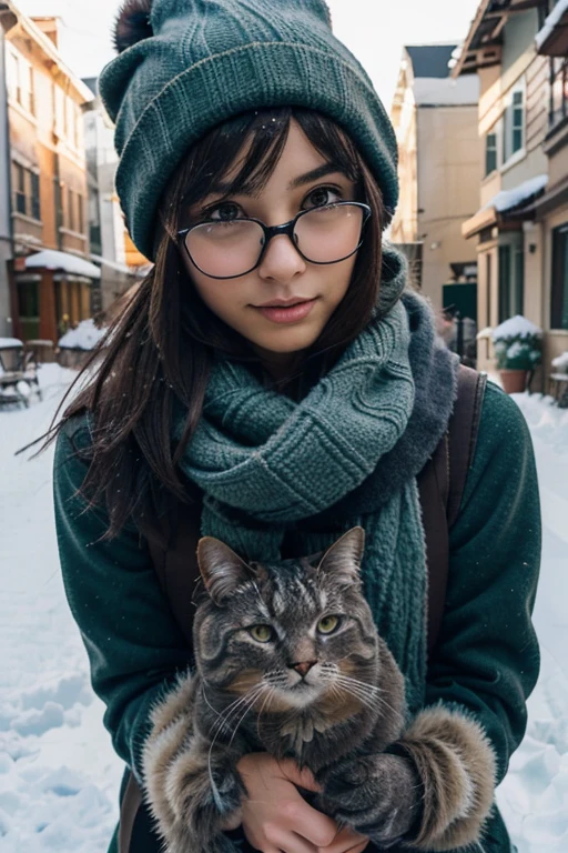 anime style drawing of a young woman, thin and light skinned, dark brown hair and black glasses, He is wearing a blue wool hat, green scarf, gray vest and light brown jacket, He is playing with a dark gray short-haired cat., the cat is wearing a black scarf and black mittens, They are both playing in the snow in a winter environment, The image conveys a warm and pleasant atmosphere, warm colors.