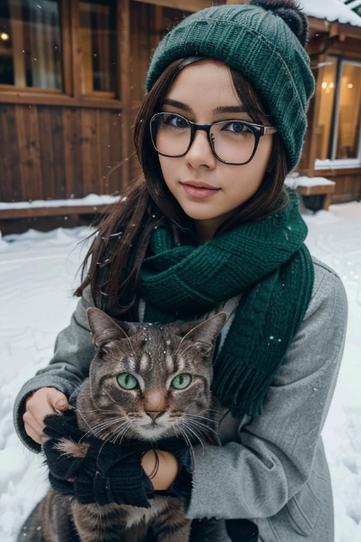 anime style drawing of a young woman, thin and light skinned, dark brown hair and black glasses, He is wearing a blue wool hat, green scarf, gray vest and light brown jacket, He is playing with a dark gray short-haired cat., the cat is wearing a black scarf and black mittens, They are both playing in the snow in a winter environment, The image conveys a warm and pleasant atmosphere, warm colors.