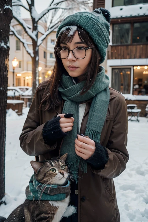 anime style drawing of a young woman, thin and light skinned, dark brown hair and black glasses, He is wearing a blue wool hat, green scarf, gray vest and light brown jacket, He is playing with a dark gray short-haired cat., the cat is wearing a black scarf and black mittens, They are both playing in the snow in a winter environment, The image conveys a warm and pleasant atmosphere, warm colors.