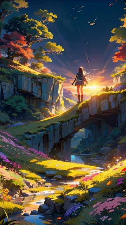 nature, Detailed lighting, Sea of Flowers, null, sunset, Wind, Fallen leaves, cliff,