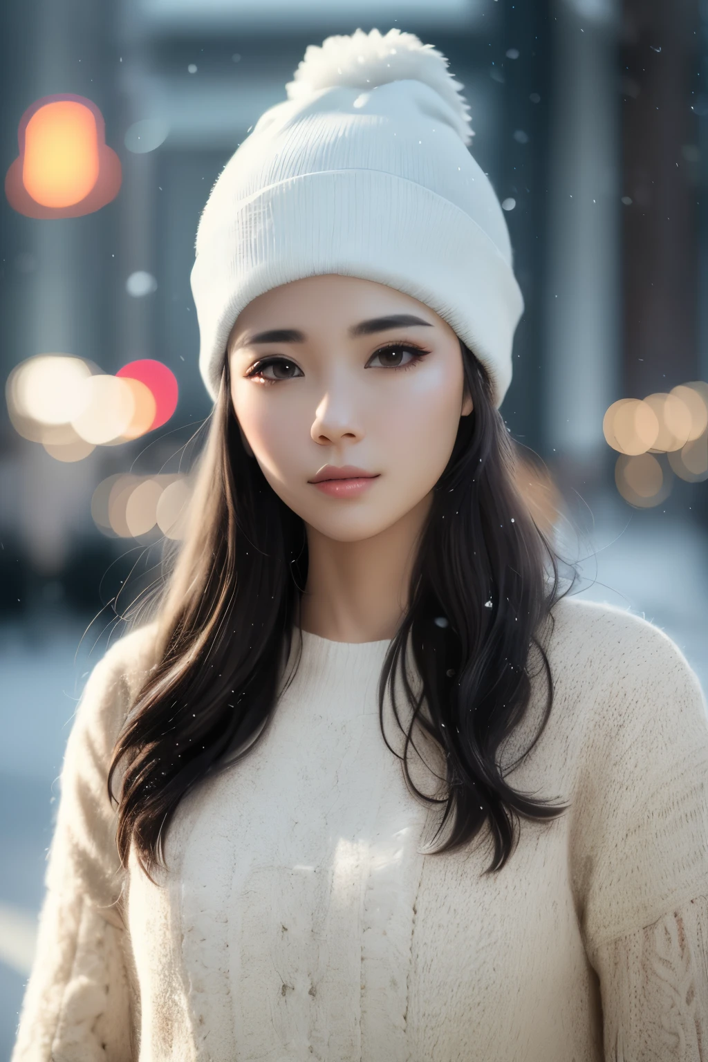 hyper realistic lifelike texture dramatic lighting unreal engine trending on art station, suspicious photo, Nikon RAW Photos,8 thousand, Fujifilm XT3,masterpiece, best quality, realistic, photorealistic, very detailed, very detailed 얼굴, alone,1 woman, standing, Fashionable and trendy atmosphere, dreamy atmosphere, snowfall, beanie wear,