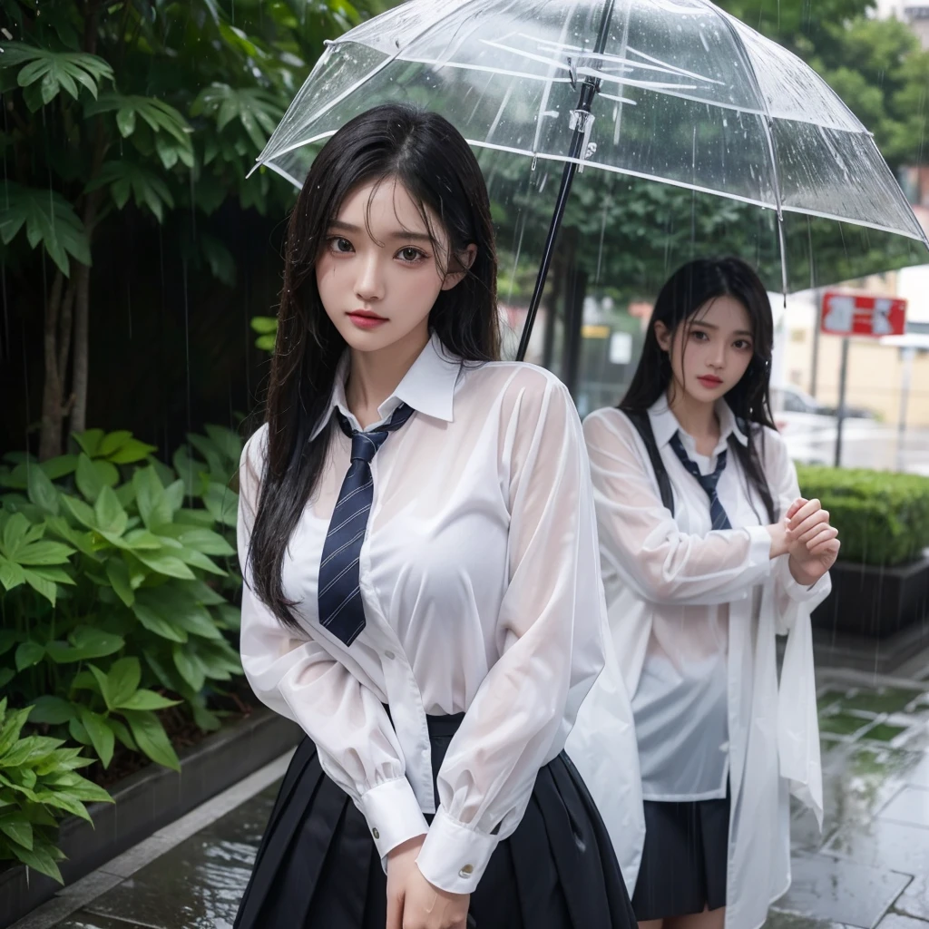 Hair getting wet in the rain、Transparent shirt、Beautiful woman getting wet in the rain、typhoon、Get wet without an umbrella、Beautiful woman in the rain、雨で濡れたBeautyOL、Detailed face、Realistic、beautiful girl、Beauty、Office Lady Uniform、beauty、Beautiful woman、Narrow waist、Handsome woman、suit、Sexy pose、Tight skirt、雨で濡れたsuit、Wet shirt、See-through shirt、Shot in heavy rain、See-through underwear