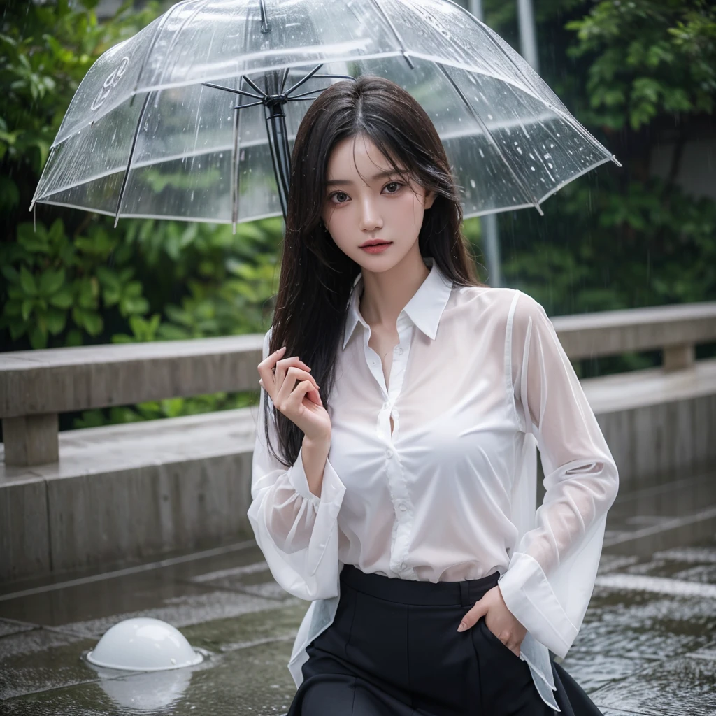 Hair getting wet in the rain、Transparent shirt、Beautiful woman getting wet in the rain、typhoon、Get wet without an umbrella、Beautiful woman in the rain、雨で濡れたBeautyOL、Detailed face、Realistic、beautiful girl、Beauty、Office Lady Uniform、beauty、Beautiful woman、Narrow waist、Handsome woman、suit、Sexy pose、Tight skirt、雨で濡れたsuit、Wet shirt、See-through shirt、Shot in heavy rain、See-through underwear