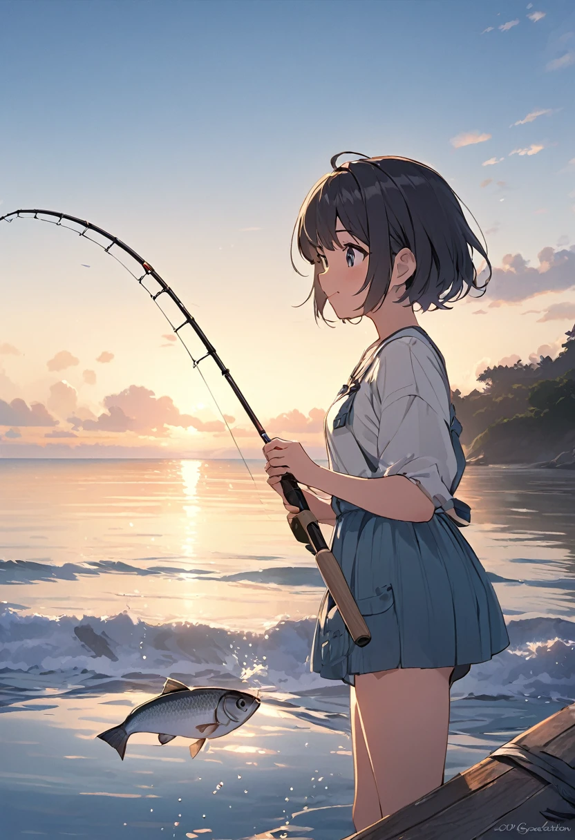 woman,,20th Generation,cute,short hair,fishing,fish,Ocean,