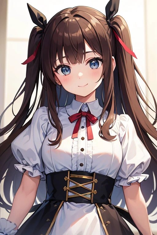((masterpiece,Highest quality))One woman, High resolution, Brown Hair, Two Side Up, ribbon hair accessories, Looking at this,Bullish smile