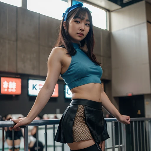 Very beautiful Hong kong female at anime con 2024 wearing fishnet stocking and very short black skirt where you can swe half the butt and a thin small tight blue crop top