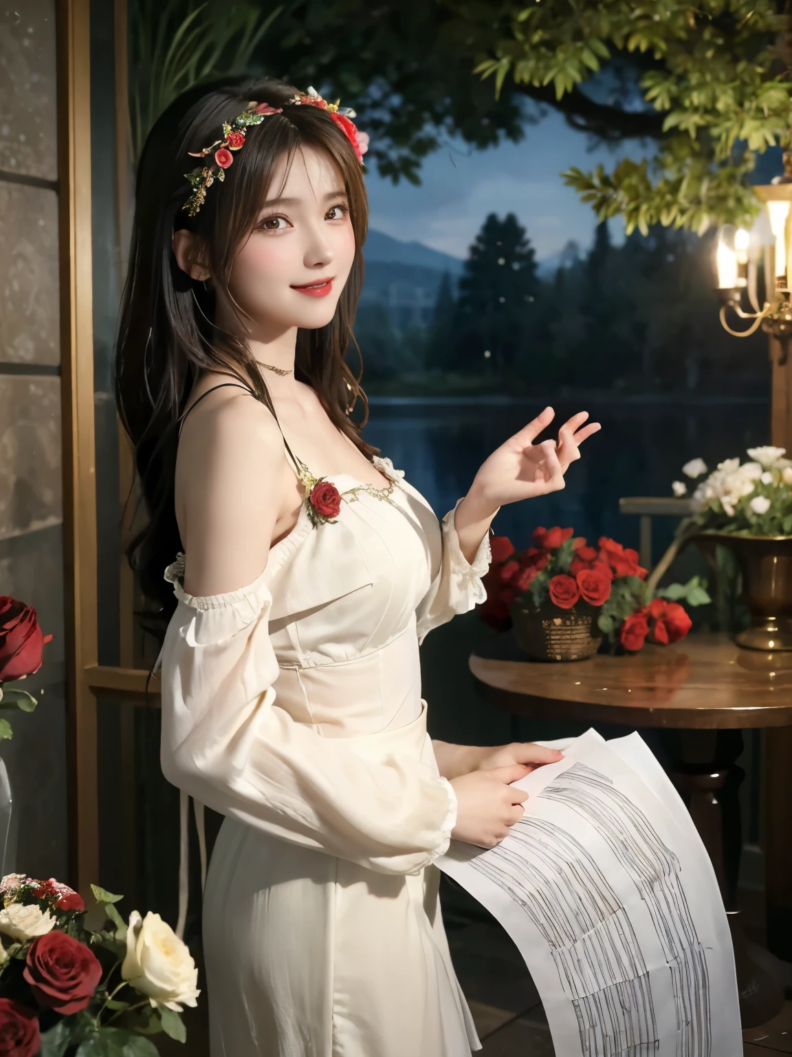 Female singer holding sheet music in both hands,Giorgione painting style,roses in vase、fruit、cute ornaments、laugh、ancient greek costumes、The background is a forest lake at night 、clothes that straighten the shoulders、A big laugh、beautiful bare skin,