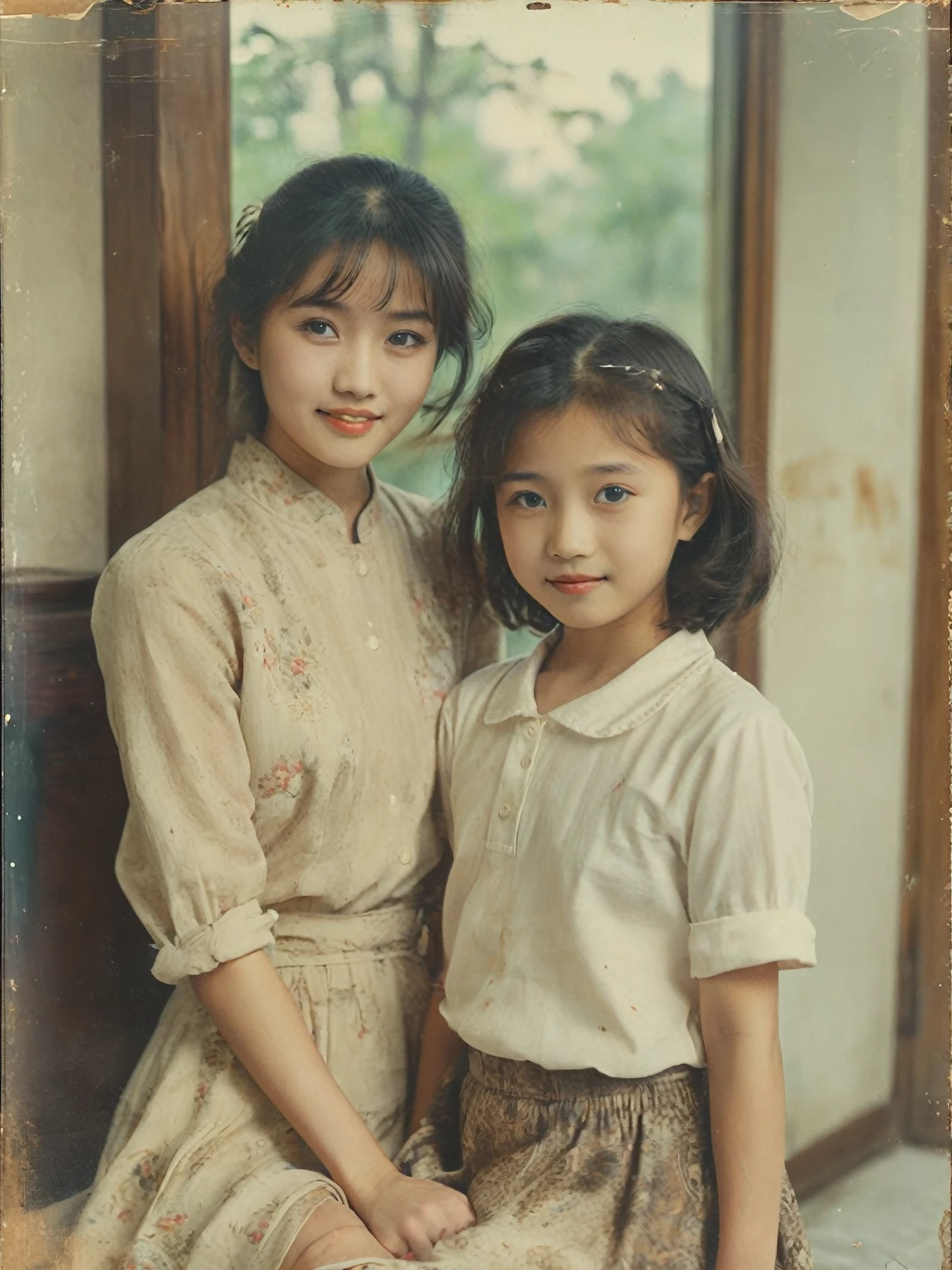 Retro Photography, ( masterpiece, Top quality, best quality,8K,Extremely detailed,RAW photos:1.5),(Reality:1.4), (light), Surrealism, Ultra HD, precise, Super Detail, Textured Skin, High Detail, best quality, Dynamic Angle, fashion magazine，Vintage photo of a 6-year-old Chinese girl and her mother in the 1980s，Yellowing of photos，A sense of age。Photo showing，Girl and mother standing or sitting，Half-length photo，Smiling at the camera，The background may be indoors or in a park。Soft natural or indoor light illuminates her face，Create a warm and nostalgic atmosphere。She and her mother wore 1980s-style clothing，It could be a dress or a shirt and skirt，The hairstyle was in line with the fashion trends of the time.，Shot with the effect of an old camera