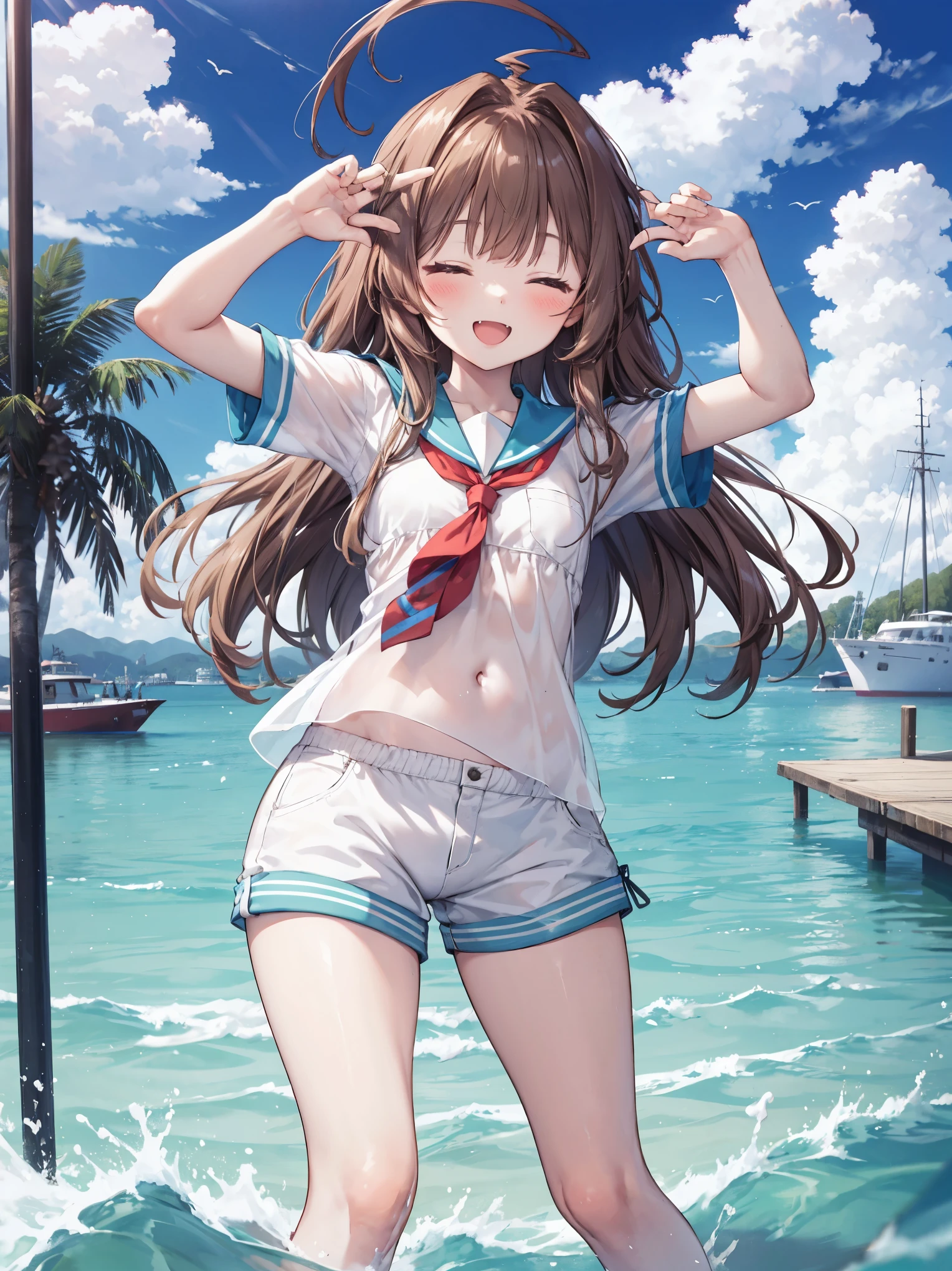 1young_teen_ girl, brown_hair, long_hair, sailor_uniform,white_ baggy_shorts, short_sleeve, thighs, small_breasts, big_smile, open_mouth, fang, harbor_landscape_background, slightly_spread_legs, happiness, covered_crotch,ahoge,XD,exciting_posing,closed_eyes