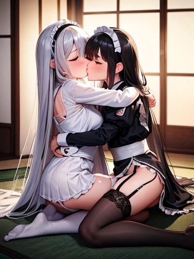 Highest quality、masterpiece、NSFW 、Sleeping Girl、Two people、About 18 years old、Maid clothes、Long silver hair、White Stockings、garter belt、Long black hair、Black Stockings、garter belt、Tatami room、Sitting、whole body、No shoes、Hug each other、Kissing