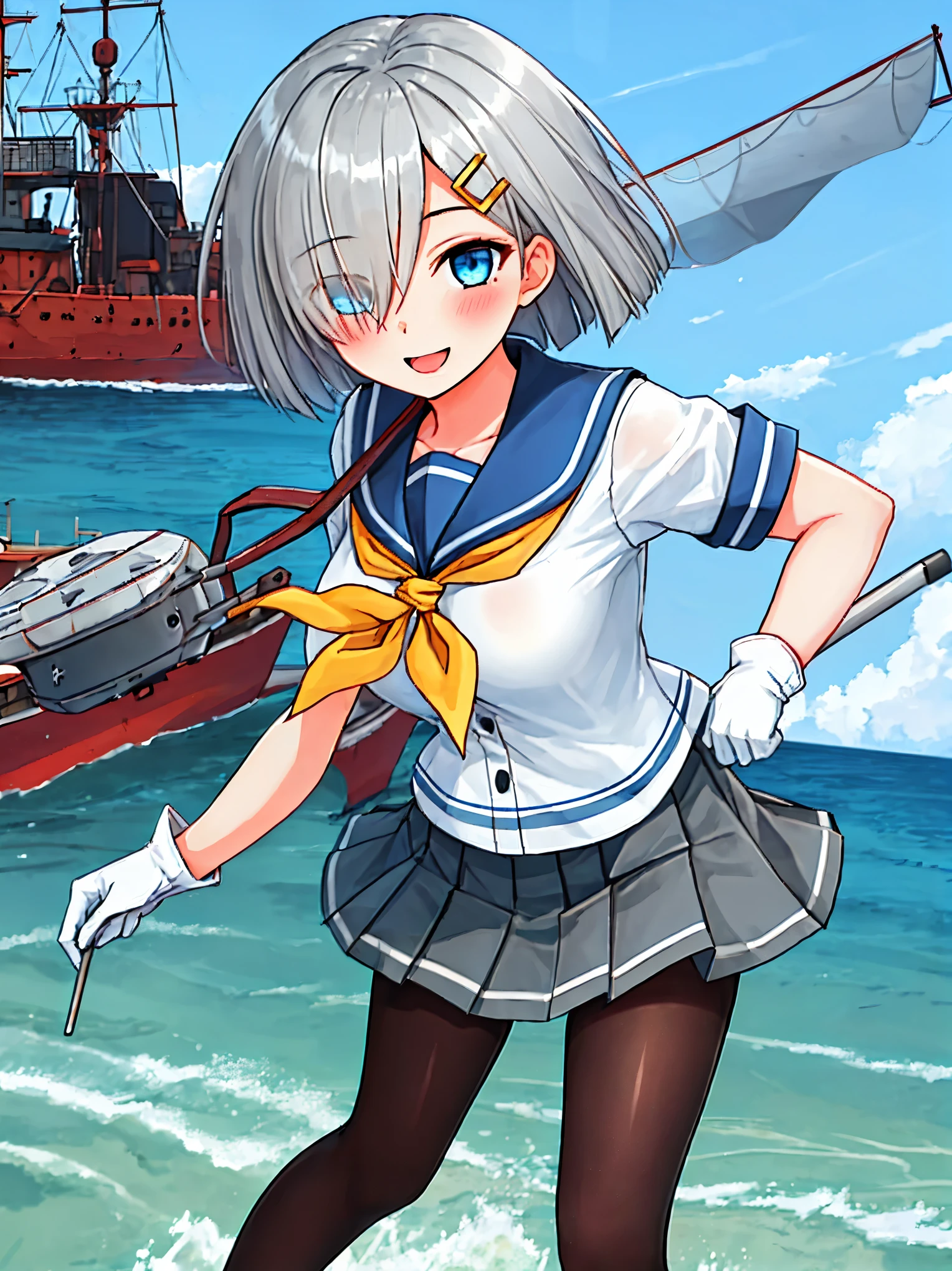 best quality, masterpiece, highres, solo, {hamakaze_kantaicollection:0.90}, 1girl, black_pantyhose, pleated_skirt, serafuku, short_sleeves, simple_background, white_background, yellow_neckerchief, white_gloves, looking_at_viewer, grey_skirt, blush, eyes_visible_through_hair, blue_sailor_collar, dynamic_posing,long_bangs,hair_over_one_eye,harbor_school_landscape_background,outdoor,smile,