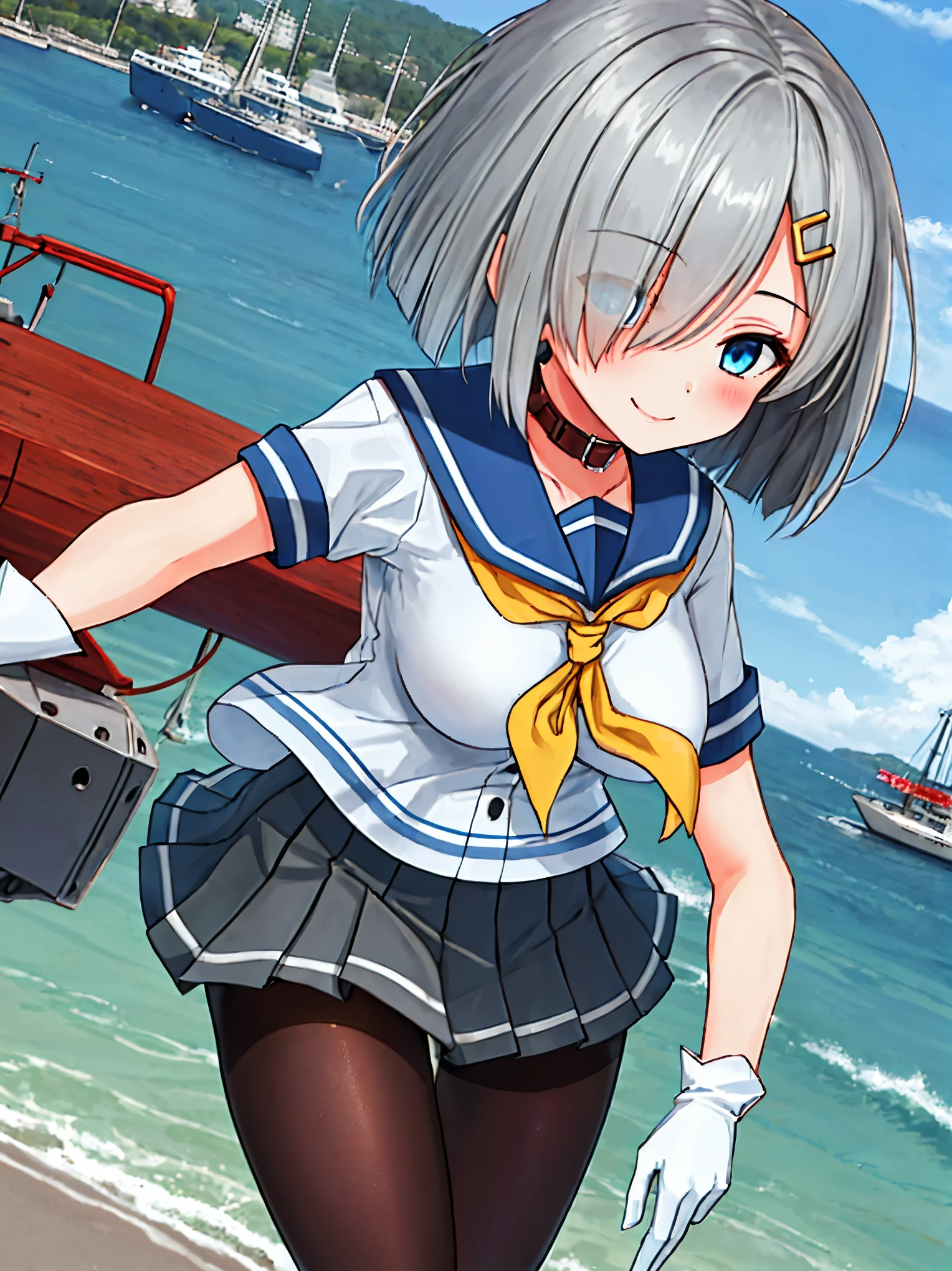 best quality, masterpiece, highres, solo, {hamakaze_kantaicollection:0.90}, 1girl, black_pantyhose, pleated_skirt, serafuku, short_sleeves, simple_background, white_background, yellow_neckerchief, white_gloves, looking_at_viewer, grey_skirt, blush, eyes_visible_through_hair, blue_sailor_collar, dynamic_posing,long_bangs,hair_over_one_eye,harbor_school_landscape_background,outdoor,smile,