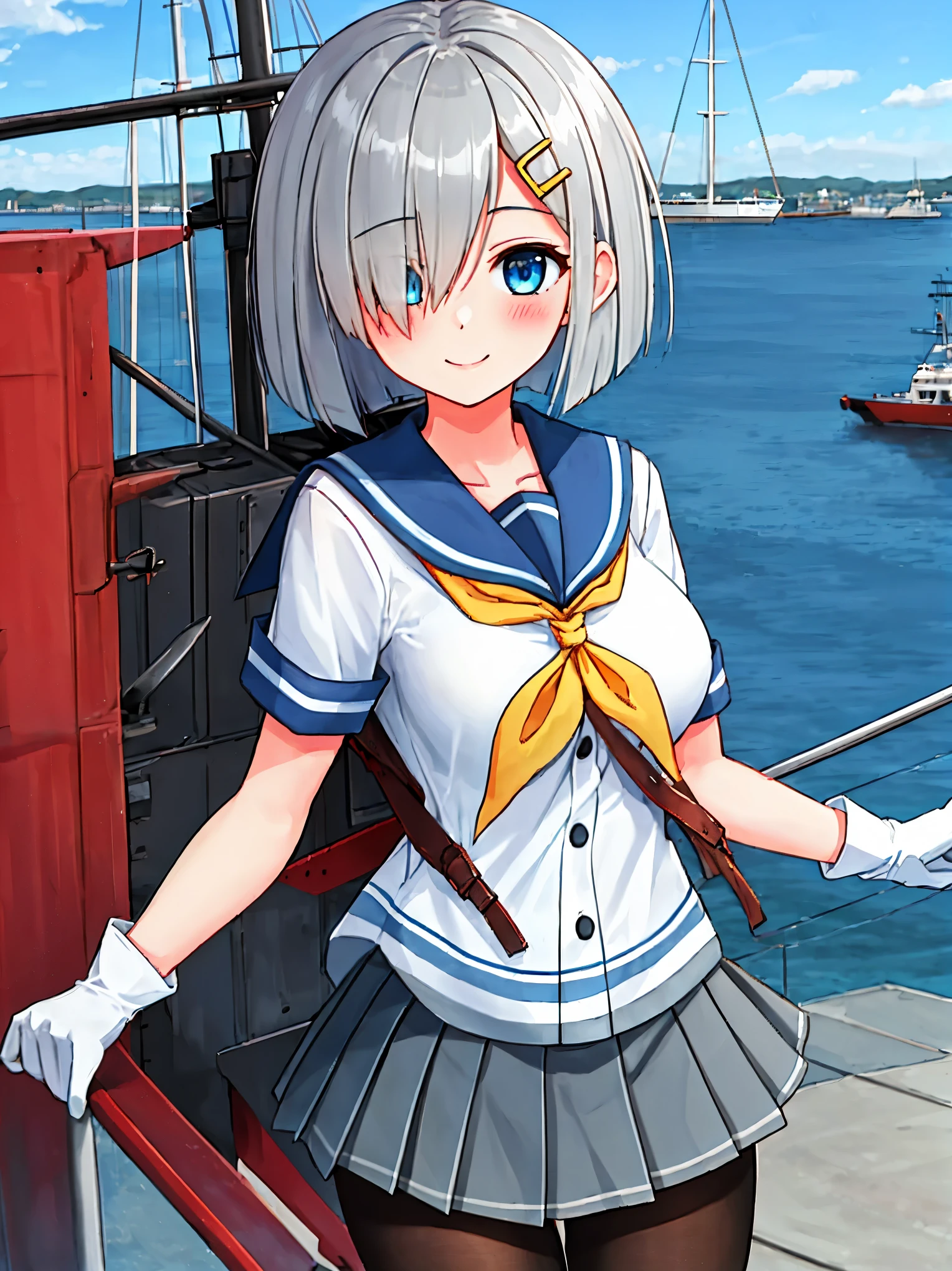 best quality, masterpiece, highres, solo, {hamakaze_kantaicollection:0.90}, 1girl, black_pantyhose, pleated_skirt, serafuku, short_sleeves, simple_background, white_background, yellow_neckerchief, white_gloves, looking_at_viewer, grey_skirt, blush, eyes_visible_through_hair, blue_sailor_collar, dynamic_posing,long_bangs,hair_over_one_eye,harbor_school_landscape_background,outdoor,smile,