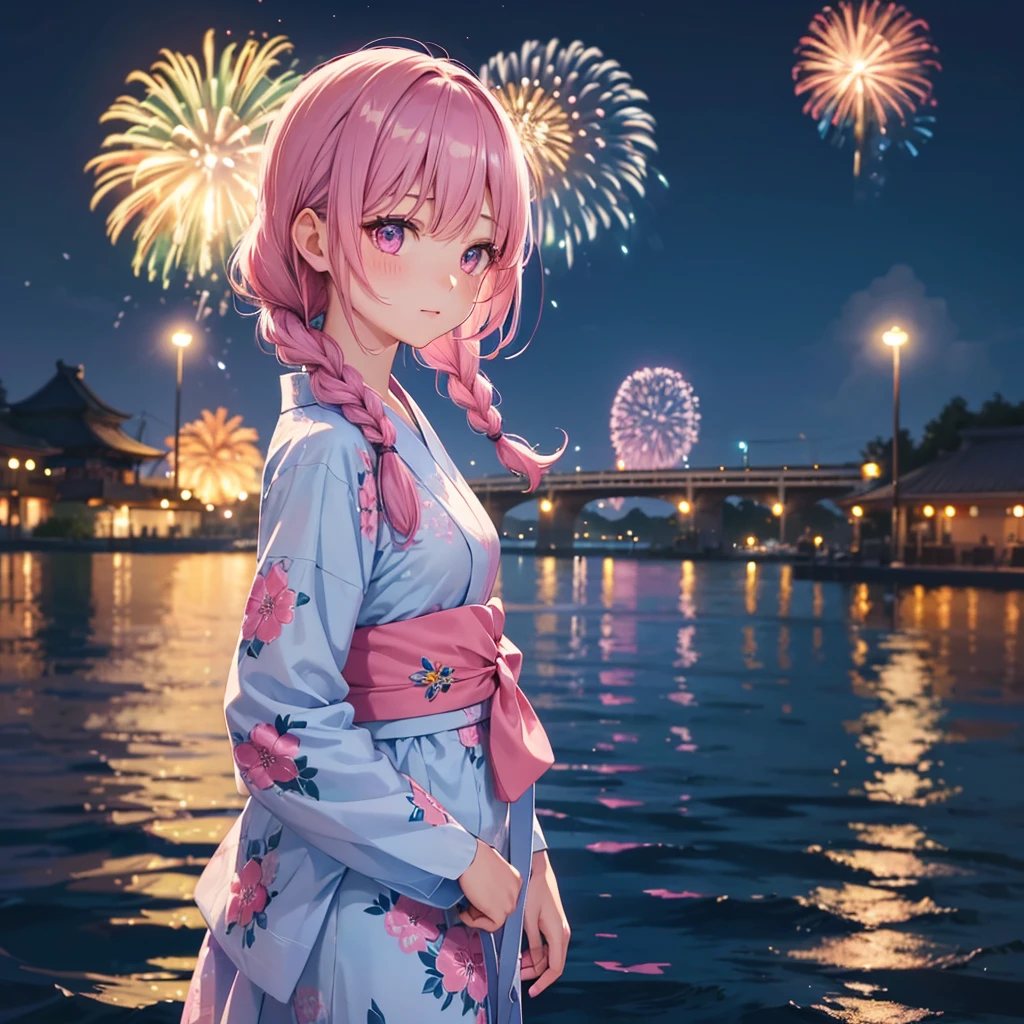 Sky Blue Medium Hair, (Braided hair),(Pink Eyes),Fair skin ,(whole body),(1 girl)、Floral Yukata、summer night、Fireworks on the lake、Big fireworks、Straight bangs,(masterpiece, Highest quality, Very detailed, Best Shadow), (Detailed Background), (Beautifully detailed face), High Contrast, (Best lighting, Very delicate and beautiful), ((Cinematic Light)), colorful, Hyper Detail 8k, Dramatic Light, Intricate details,Fireworks light reflected on the water