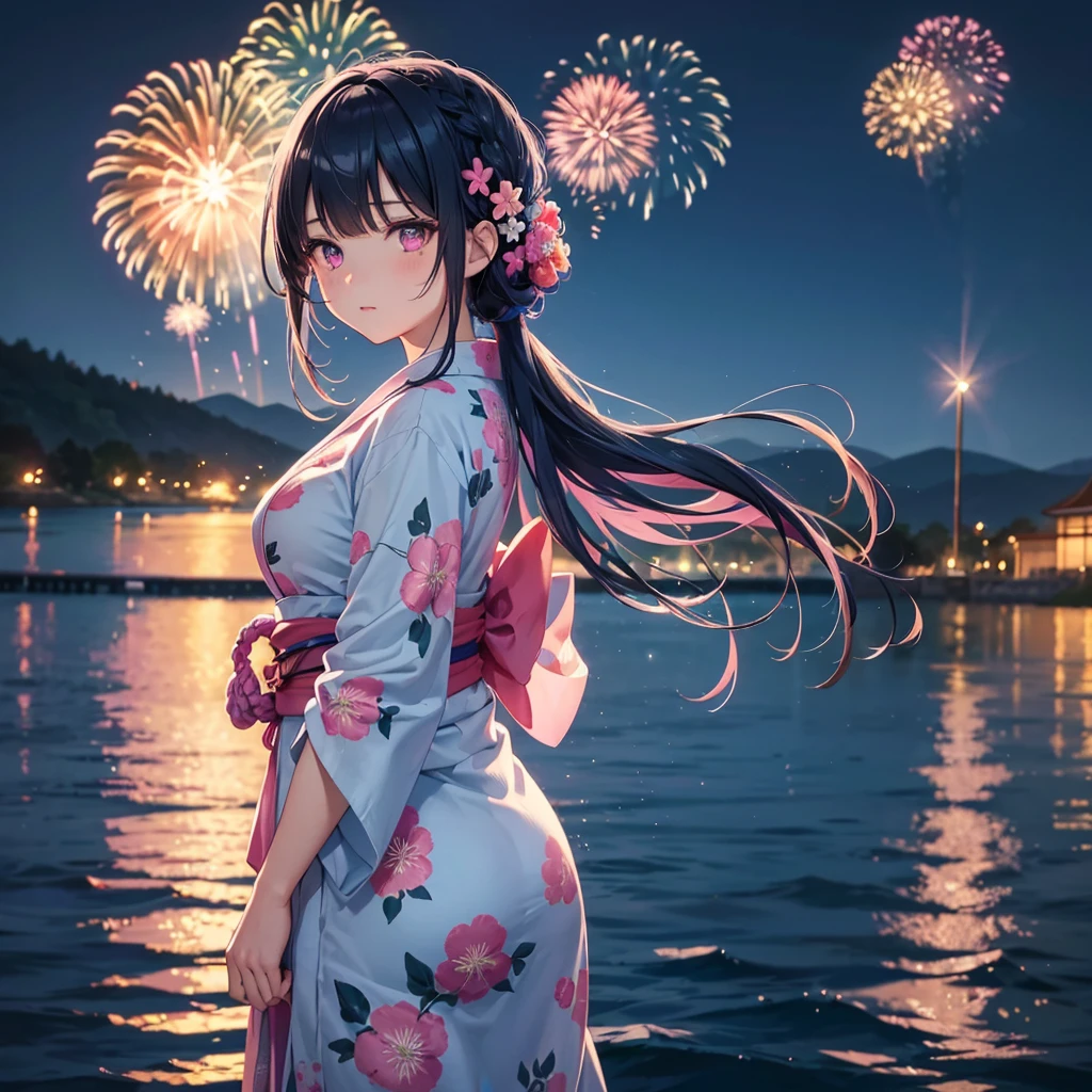 Sky Blue Medium Hair, (Braided hair),(Pink Eyes),Fair skin ,(whole body),(1 girl)、Floral Yukata、summer night、Fireworks on the lake、Big fireworks、Straight bangs,(masterpiece, Highest quality, Very detailed, Best Shadow), (Detailed Background), (Beautifully detailed face), High Contrast, (Best lighting, Very delicate and beautiful), ((Cinematic Light)), colorful, Hyper Detail 8k, Dramatic Light, Intricate details,Fireworks light reflected on the water