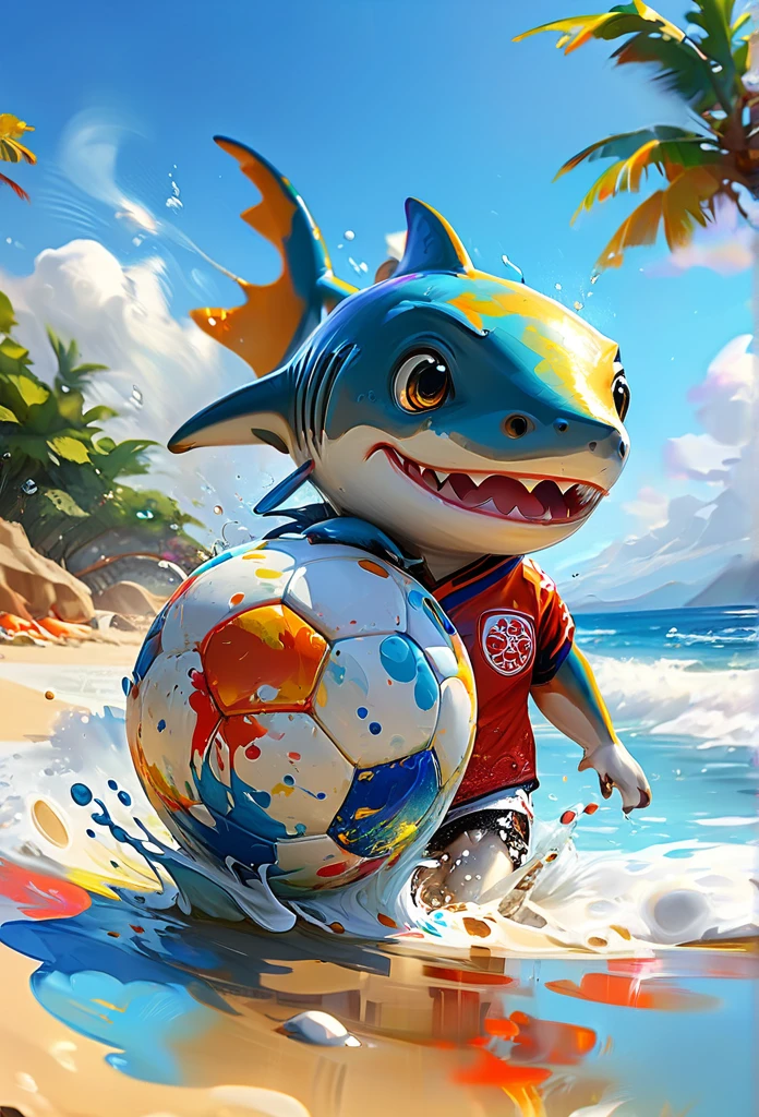 Splash Art, Cute Shark(Game Characters、Big eyes、Wearing the uniform of the Japanese national soccer team、Use your tail to launch a soccer ball), wonderfulインスタグラム, Art Station, Colorful paint splash style+, Very detailed、Exquisitely detailed, Engine Unreal, wonderful, Details Complexity, Splash screen, Complementary Color, Realistic concept art, 8k resolution, deviantart masterpiece, Oil, Thick brushwork, Paint drips(A lot of paint), Splash Art,Sandy beach in the background,