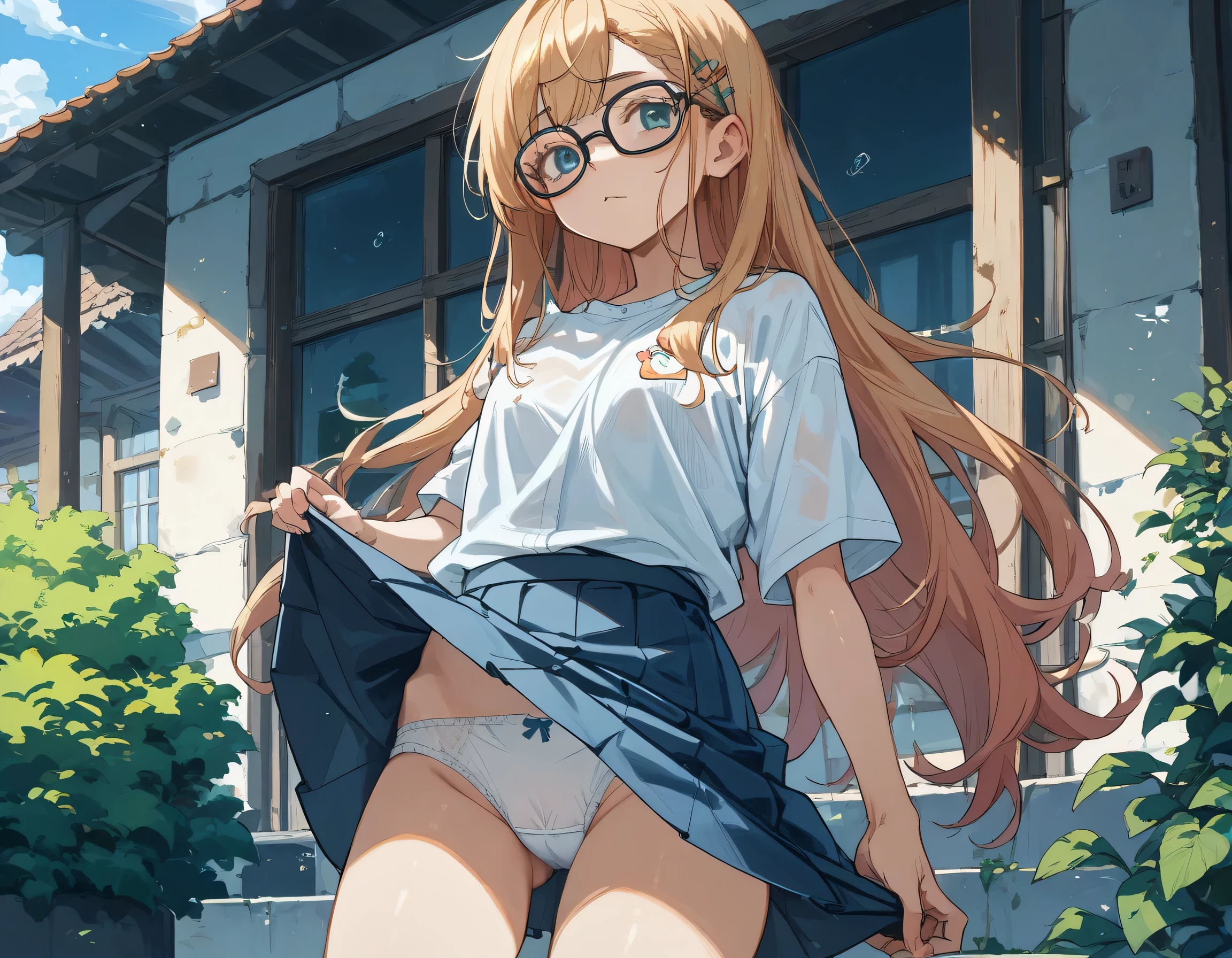  sticking to shirt、Her  are visible through her shirt、Blue flared skirt、She lifts her skirt to show her cute white underwear、Long haired girl wearing glasses