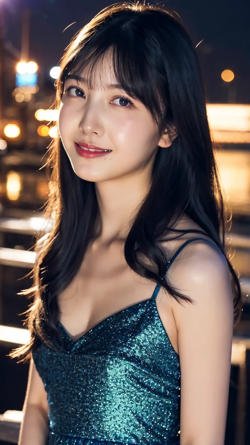 1girl,(wearing a blue glittery evening dress:1.2),(RAW photo, best quality), (realistic, photo-realistic:1.4), masterpiece, an extremely delicate and beautiful, extremely detailed, 2k wallpaper, Amazing, finely detail, extremely detailed CG unity 8k wallpaper, ultra-detailed, highres, soft light, beautiful detailed girl, extremely detailed eyes and face, beautiful detailed nose, beautiful detailed eyes,cinematic lighting,city lights at night,perfect anatomy,slender body,light smile,close up,(long hair with bangs), big