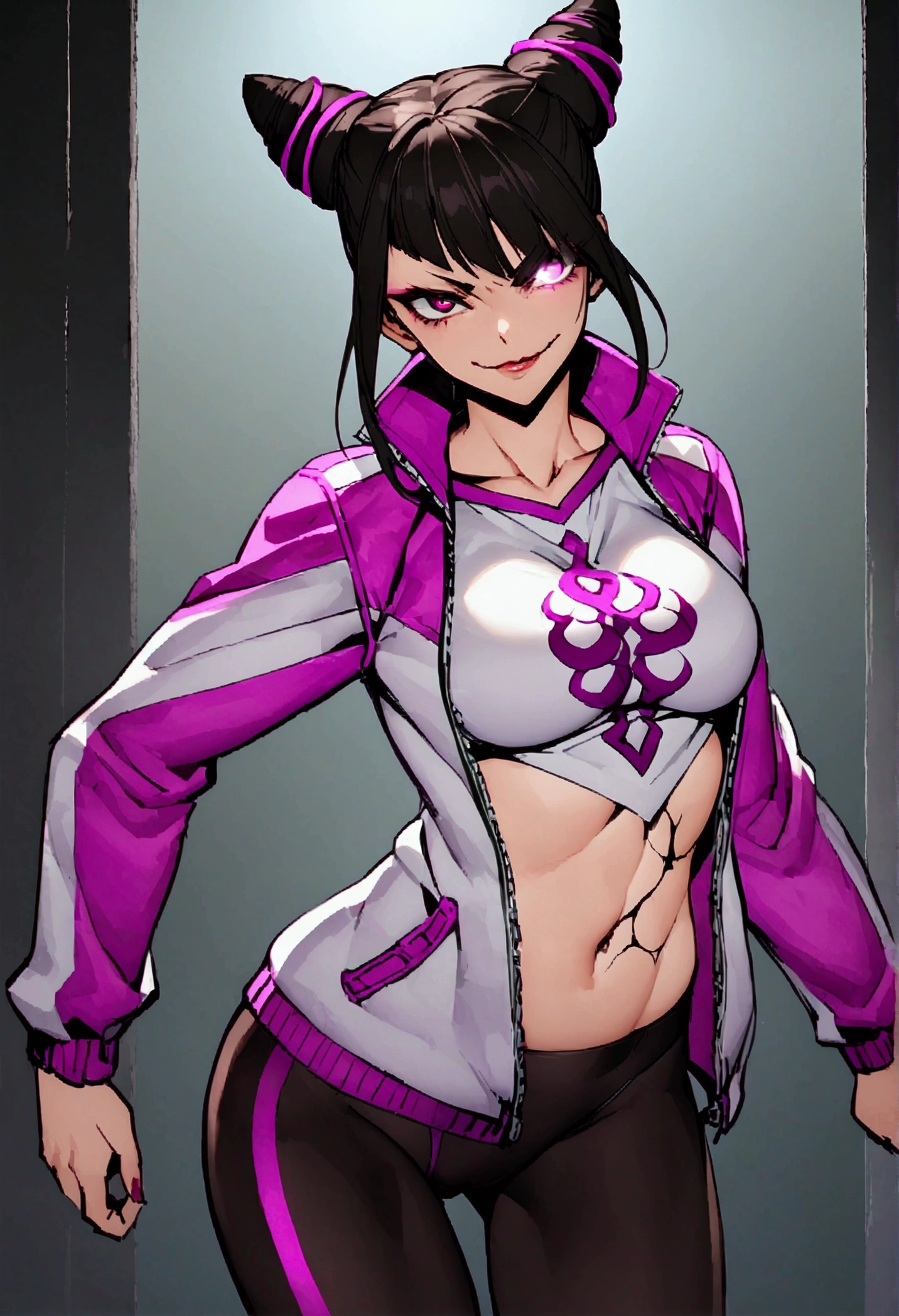 dark eye shadow,shining eyes,beautiful young fitness woman with , in a gym wearing May with black pantyhose, tight white and purple gym jacket jeer open jacket. standing alone,hair horns,glowing purple eyes,Evil smile,legging preto ,labiaa,dark eye shadow,shining eyes,Cracked abdomen,mao no abidomen