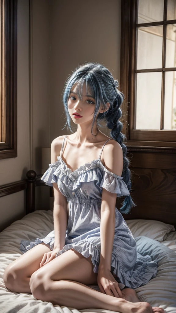 BREAK source_anime,best quality,masterpiece,1gir,bedroom,sitting on bed,
roxy-pajamas,roxy migurdia,blue eyes,blue hair,ahoge,twin braids,white dress,frills,short dress,bare shoulders,off shoulder,white spaghetti straps,(black spaghetti straps),full body,shy,looking at viewer,