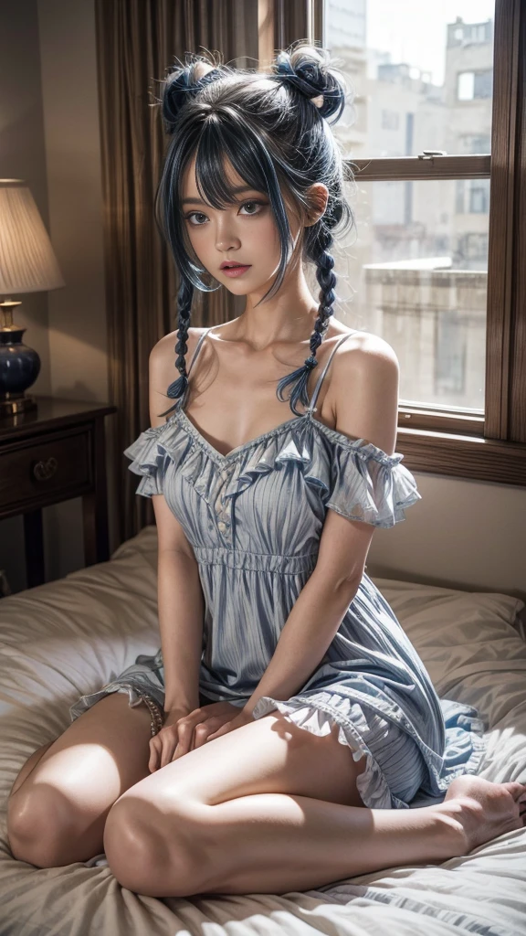 BREAK source_anime,best quality,masterpiece,1gir,bedroom,sitting on bed,
roxy-pajamas,roxy migurdia,blue eyes,blue hair,ahoge,twin braids,white dress,frills,short dress,bare shoulders,off shoulder,white spaghetti straps,(black spaghetti straps),full body,shy,looking at viewer,
