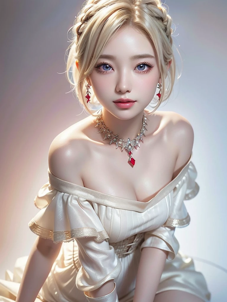 8k,Confused, High resolution, Very detailed, 1 girl, alone, Very beautiful eyes, Ultra-precise depiction, artistic、Very detailed depiction, (Tangled:1.2), , (White high key background:1.5), (((Red off-shoulder dress 1.5))), 、 short hair、Earrings and Necklaces、Platinum Blonde Hair, (Glowing Skin), Many colors, , (Shooting from above:1.2),、Flat Body、slim、cute、、Round face、Cast a Shadow、、Smile 1.3