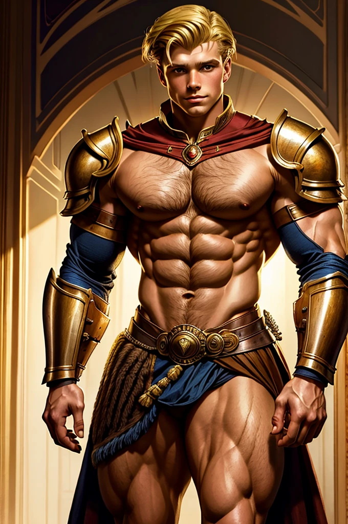 Illustration in Leyendecker style: Handsome shirtless squire, , muscular blonde, hairy chest, dressed in half-removed armor, Defloration of a young girl, deprives her of her virginity