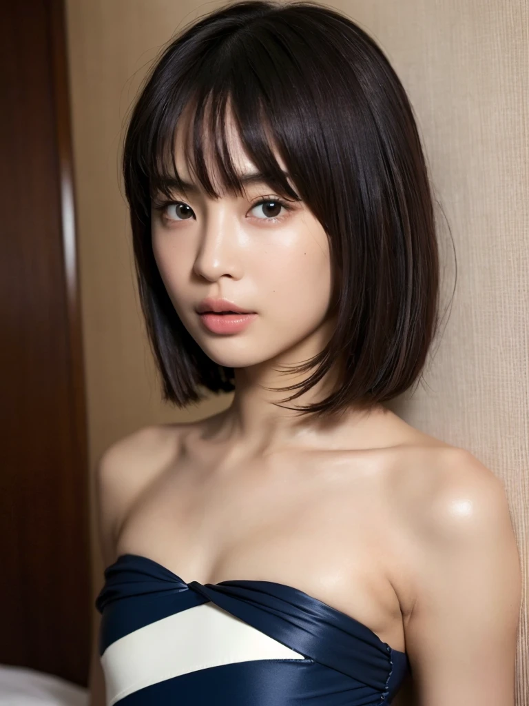 (masterpiece:1.2), Very detailed, Ultra-high resolution, (Realistic, photo Realistic:1.6), High-resolution RAW color photos, Professional photos, Sharp focus:1.2, (Very detailed顔と肌の質感, Very beautiful eyes, Glossのある肌, Glowing Skin, Glowing Skin, Shining Face, Gloss, Oily skin, greasy face, Oily skin, greasy face,),, (real Glossのある肌 texture), Perfect Anatomy, Very detailed背景,((Hotel Bed)), (1 female), 17-year-old female, Japanese women,height: 160cm,(short hair, Straight hair, bangs, Brown Hair),(Flat Chest:1.6)、((((Sexy dark navy strapless one-piece swimsuit)))、((Invite to SEX、Seeking sexual activity))、NSFW