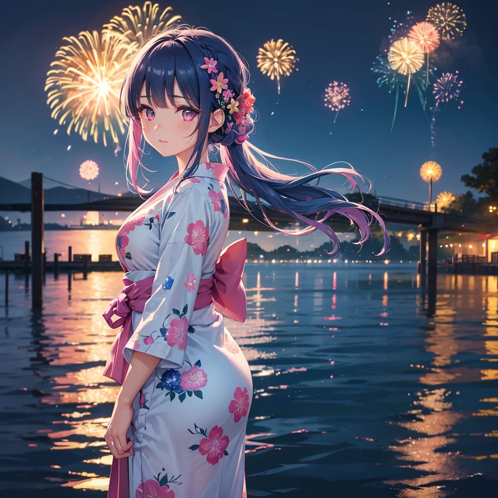Sky Blue Medium Hair, (Braided hair),(Pink Eyes),Fair skin ,(whole body),(1 girl)、Floral Yukata、summer night、Fireworks on the lake、Big fireworks、Straight bangs,(masterpiece, Highest quality, Very detailed, Best Shadow), (Detailed Background), (Beautifully detailed face), High Contrast, (Best lighting, Very delicate and beautiful), ((Cinematic Light)), colorful, Hyper Detail 8k, Dramatic Light, Intricate details,Fireworks light reflected on the water