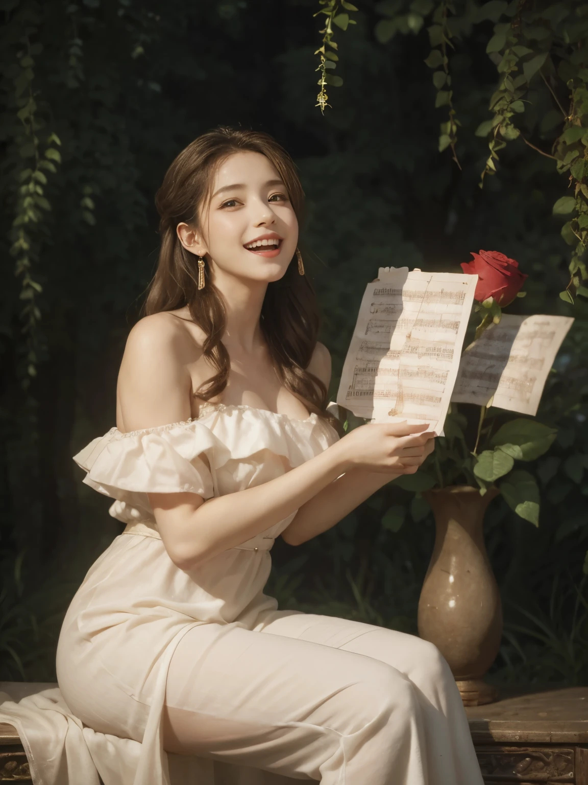 Female singer holding sheet music in both hands,Giorgione painting style,roses in vase、fruit、cute ornaments、laugh、ancient greek costumes、The background is a forest lake at night 、clothes that straighten the shoulders、A big laugh、beautiful bare skin,out of her body.