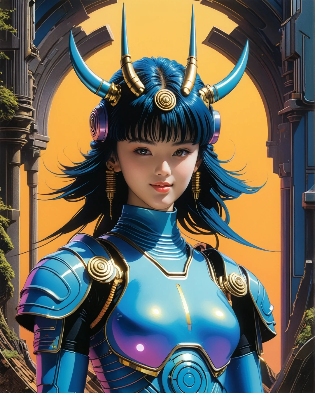 Art style by Hajime Sorayama, Art style by Hiroshi Nagai, (Masterpiece, Top Quality, Super Detail, High Resolution, Best Illustration), 1990s (style), 1980s (style), retro art style, Highest image quality, (Masterpiece, top quality, super detail, high resolution, best illustration), vintage, 1990s \(style\), dynamic angle,  Upper body ,1girl ,Cyborgdiffusion, Female anime character centered, oni mask, glitch art, glitchcore, organic, forest druid, dark souls boss, cyber punk, hellscape, portrait, male anime character, robot, masterpiece, intricate, highly detailed, sharp, technological rings, by james mccarthy, glowing blue lush seascape bioluminescent, by beeple and johfra bosschart, combination in the style ayami kojima, highly detailed, painting, 3 d render beeple, unreal engine render, intricate abstract, intricate artwork, by tooth wu, wlop, beeple, dan mumford. concept art, octane render, trending on artstation, greg rutkowski very coherent symmetrical artwork. cinematic, key art, hyper realism, high detail, octane render, 8 k, iridescent accents, albedo from overlord, the library of gems, intricate abstract. intricate artwork, by tooth wu, wlop, beeple, dan mumford. concept art, octane render, trending on artstation, greg rutkowski very coherent symmetrical artwork. cinematic, key art, hyper realism, high detail, octane render, 8 k, iridescent accents ,blurry background,smile,,(oil shiny skin:1.1), (big_boobs), willowy, chiseled, (hunky:1.6),(perfect anatomy, prefect hand,), 9 head body lenth, dynamic sexy pose, (artistic pose of awoman),(from_back:1.3),yk_cyborgs