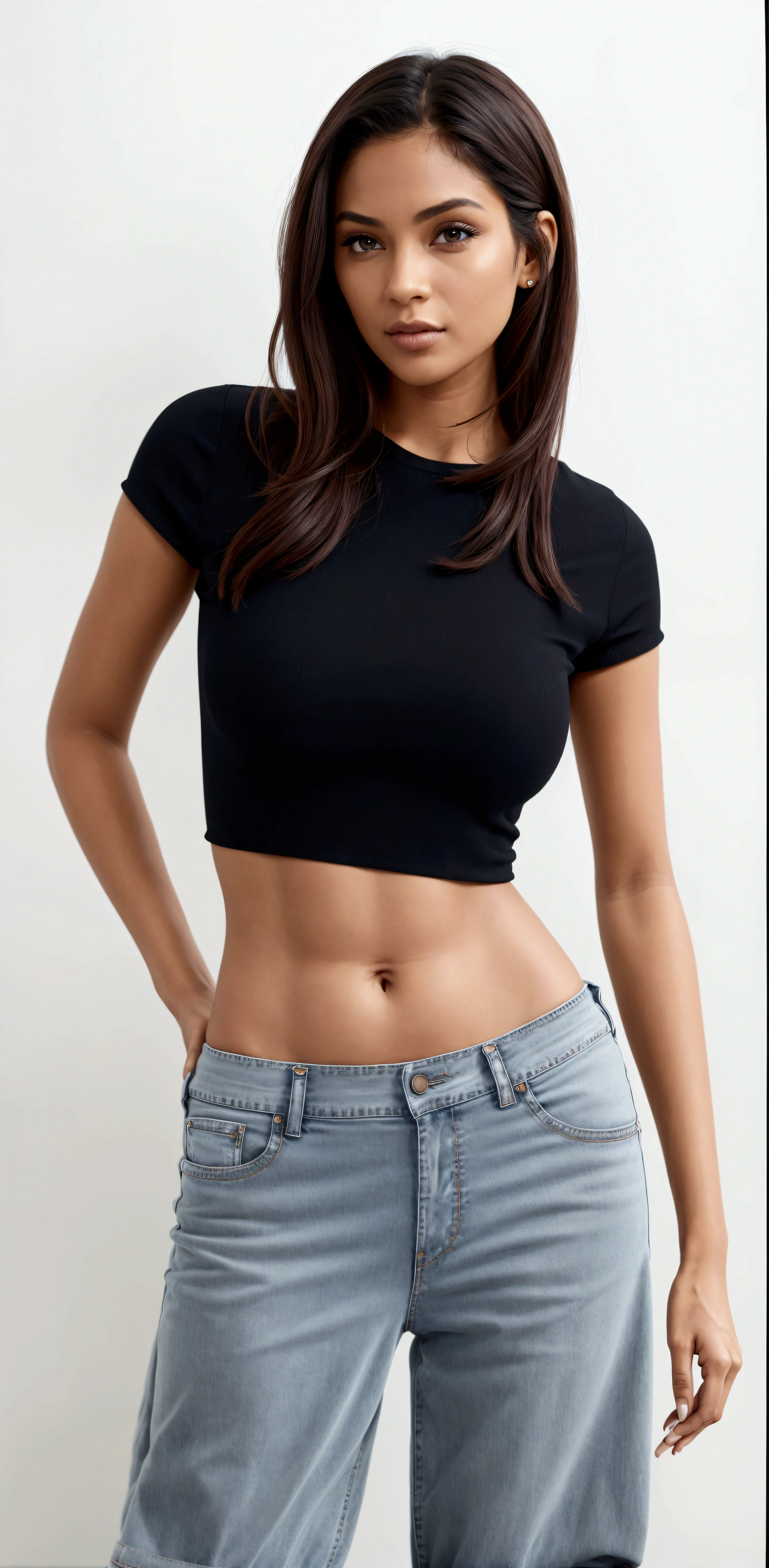 arafed woman in a that's why and jeans posing for a picture, usando um top cropped sexy, wearing top cut, that's why, Waist slender, top cut, Waist slender, nude belly, exposed belly, tight shirt, Waist slender, wearing a cropped top, Physicist : smallest belly ever, thin girl model photo