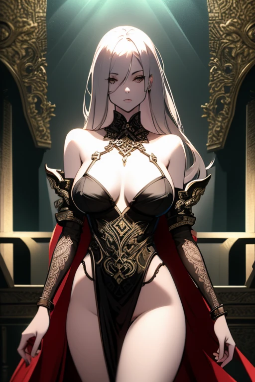 In the dimly-lit confines of the starship brig, a seductive female humanoid leans against the cold metal bars, her gaze challenging yet inviting. This game concept art is a digitally-rendered painting that exudes a sense of forbidden allure. The lighting casts dramatic shadows across her flawless skin, accentuating the intricate tattoos that snake around her arms and neck. The air is thick with tension, captured in the subtle curve of her lips and the intensity of her piercing eyes. Every detail is meticulously crafted, from the intricate patterns on her futuristic attire to the faint glint of metal restraints at her wrists. This image is a masterclass in blending sensuality with danger, drawing viewers into a world teeming with untold stories and hidden desires.