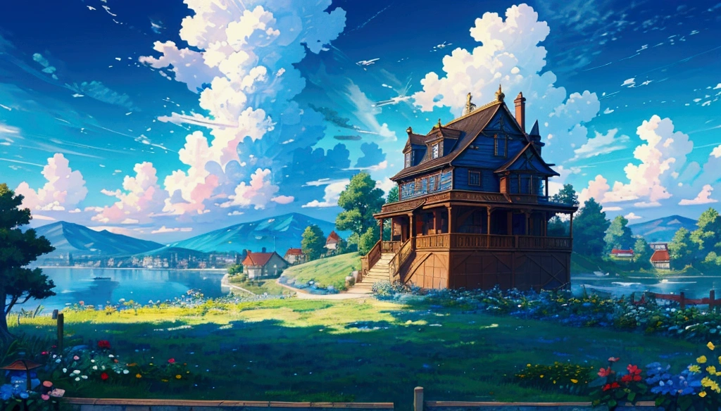 Leviathan flying in the blue sky,Imagine,a peaceful day, Detailed clouds, Place, flower, House in the distance, Fence, wood,Excellent