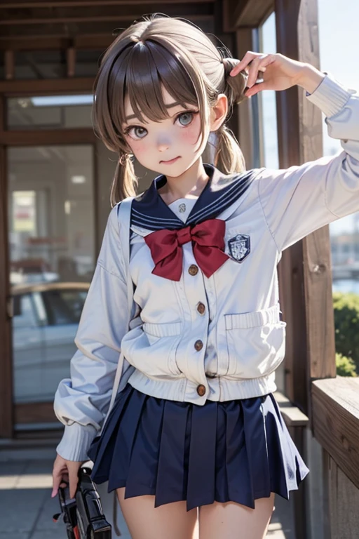 Two knots,girl,Pigtails,Hair tied in two ponytails at the back of the head,Primary school students,Smiling,Black Hair,clear,gunを持っている,Troubled face,gun,Beretta M92F,自動小gunを持っている,gunを両手に持っている,Troubled face,Sad face,Holding a cartridge in his mouth
