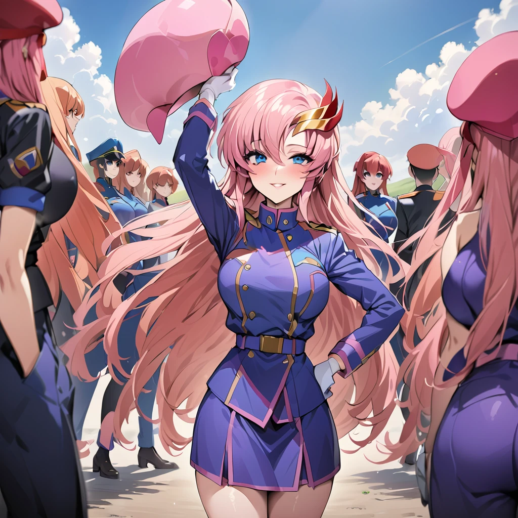 ((Highest quality)), ((masterpiece)), (detailed), (Perfect Face)、Gundam SEED、The woman is Lacus Clyne, with blue eyes, pink medium-long hair and a hair accessory.、The woman is a senior female officer in the Earth Federation Army, wearing an Earth Federation Army uniform and a military cap.