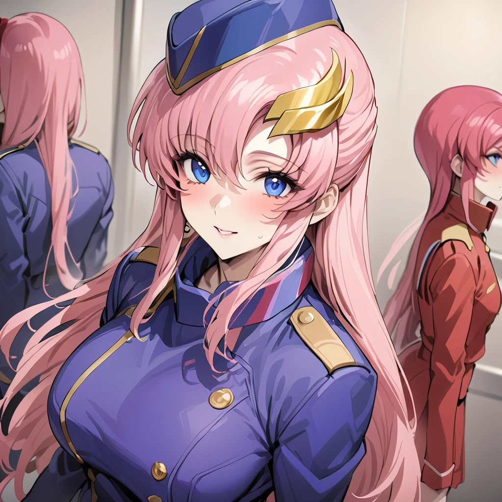 ((Highest quality)), ((masterpiece)), (detailed), （Perfect Face）、Gundam SEED、The woman is Lacus Clyne, with blue eyes, pink medium-long hair and a hair accessory.、The woman is a senior female officer in the Earth Federation Army, wearing an Earth Federation Army uniform and a military cap.