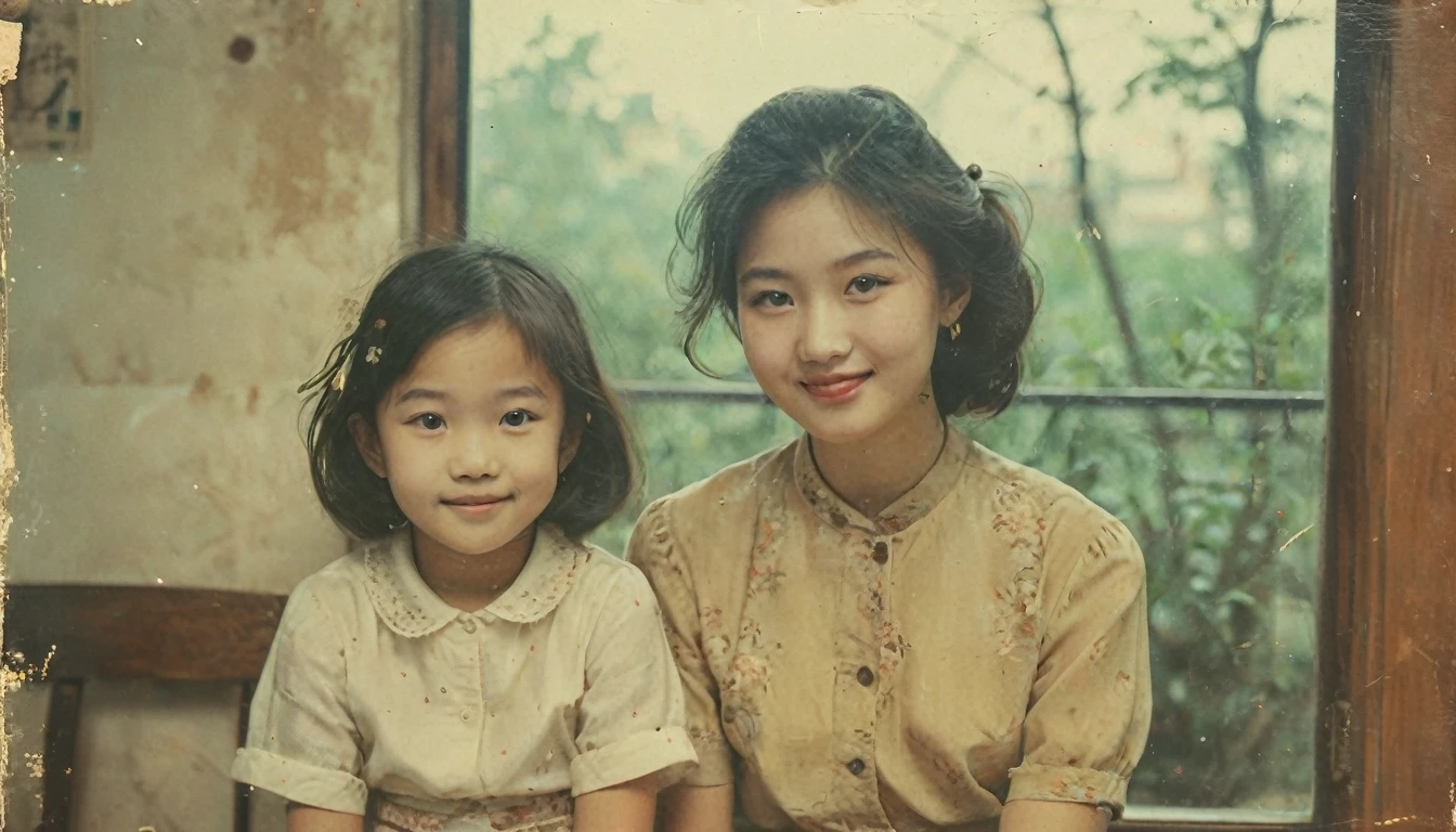 Retro Photography, ( masterpiece, Top quality, best quality,8K,Extremely detailed,RAW photos:1.5),(Reality:1.4), (light), Surrealism, Ultra HD, precise, Super Detail, Textured Skin, High Detail, best quality, Dynamic Angle, fashion magazine,Vintage photo of a 6-year-old Chinese girl and her mother in the 1980s,Yellowing of photos,A sense of age。Photo showing,Girl and mother standing or sitting,Half-length photo,Smiling at the camera,The background may be indoors or in a park。Soft natural or indoor light illuminates her face,Create a warm and nostalgic atmosphere。She and her mother wore 1980s-style clothing,It could be a dress or a shirt and skirt,The hairstyle was in line with the fashion trends of the time.,Shot with the effect of an old camera